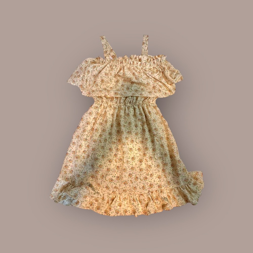 3rd & Malt Size M Floral Midi Dress Womens Yellow Whimsical Cold Shoulder Ruffle